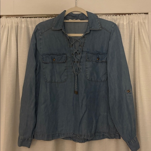 Jane and Delaney Denim Lace-Up Long Sleeve Shirt - Picture 1 of 4